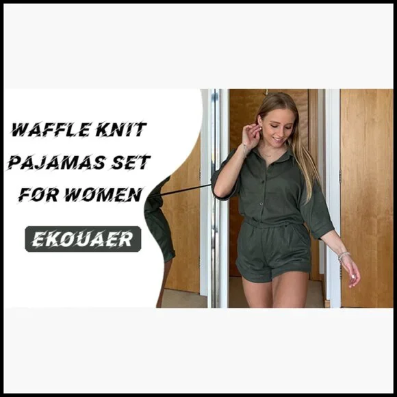 Waffle Knit Lounge Set Short Sleeve Pajamas Button Down Oversized